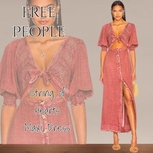 NWT FREE PEOPLE String of Hearts Cutout-Tie-Bodice Button Down Maxi Dress/MD